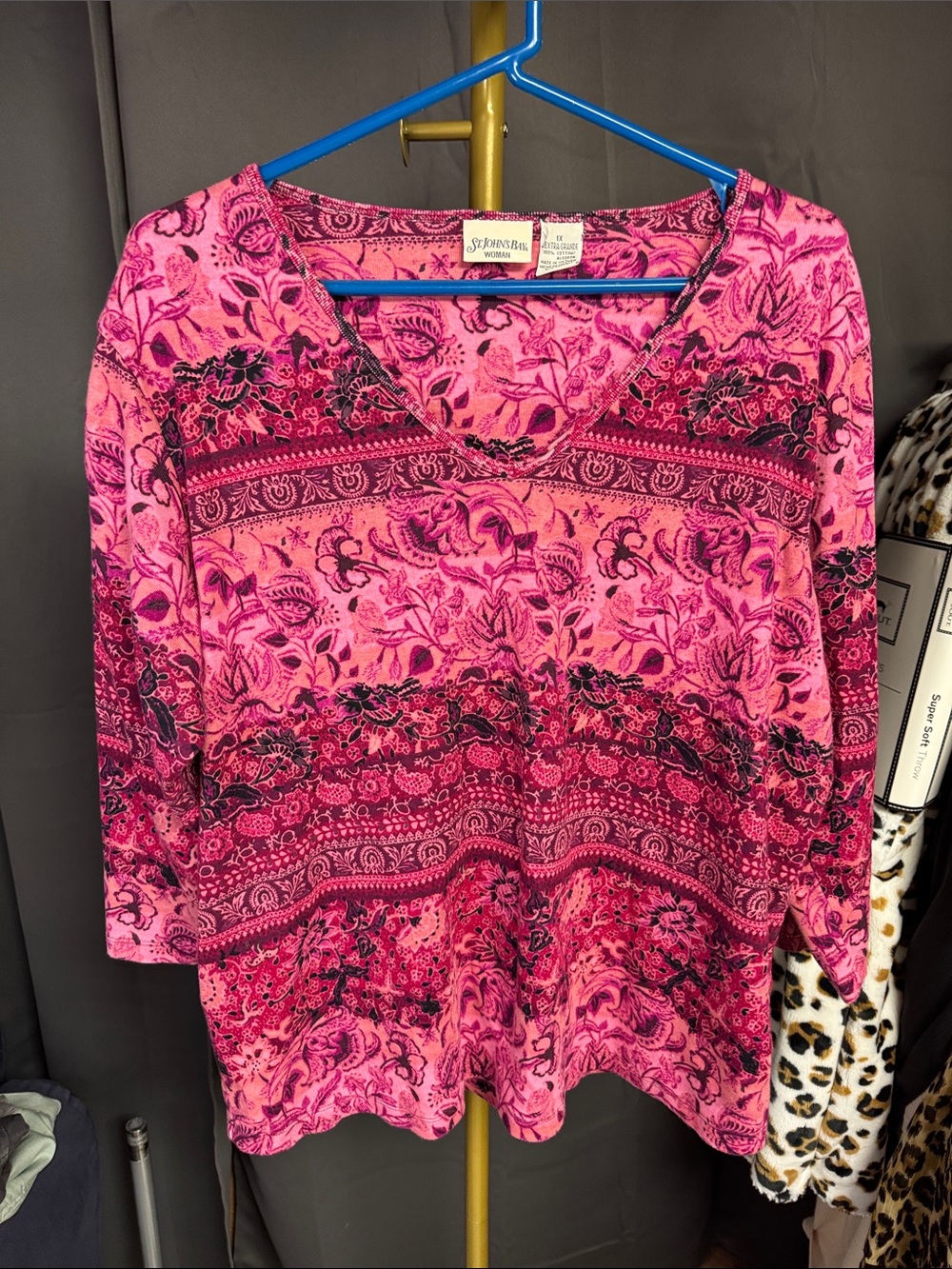 St. John's Bay Pink Mixed Floral Paisley V-Neck Long Sleeve Top